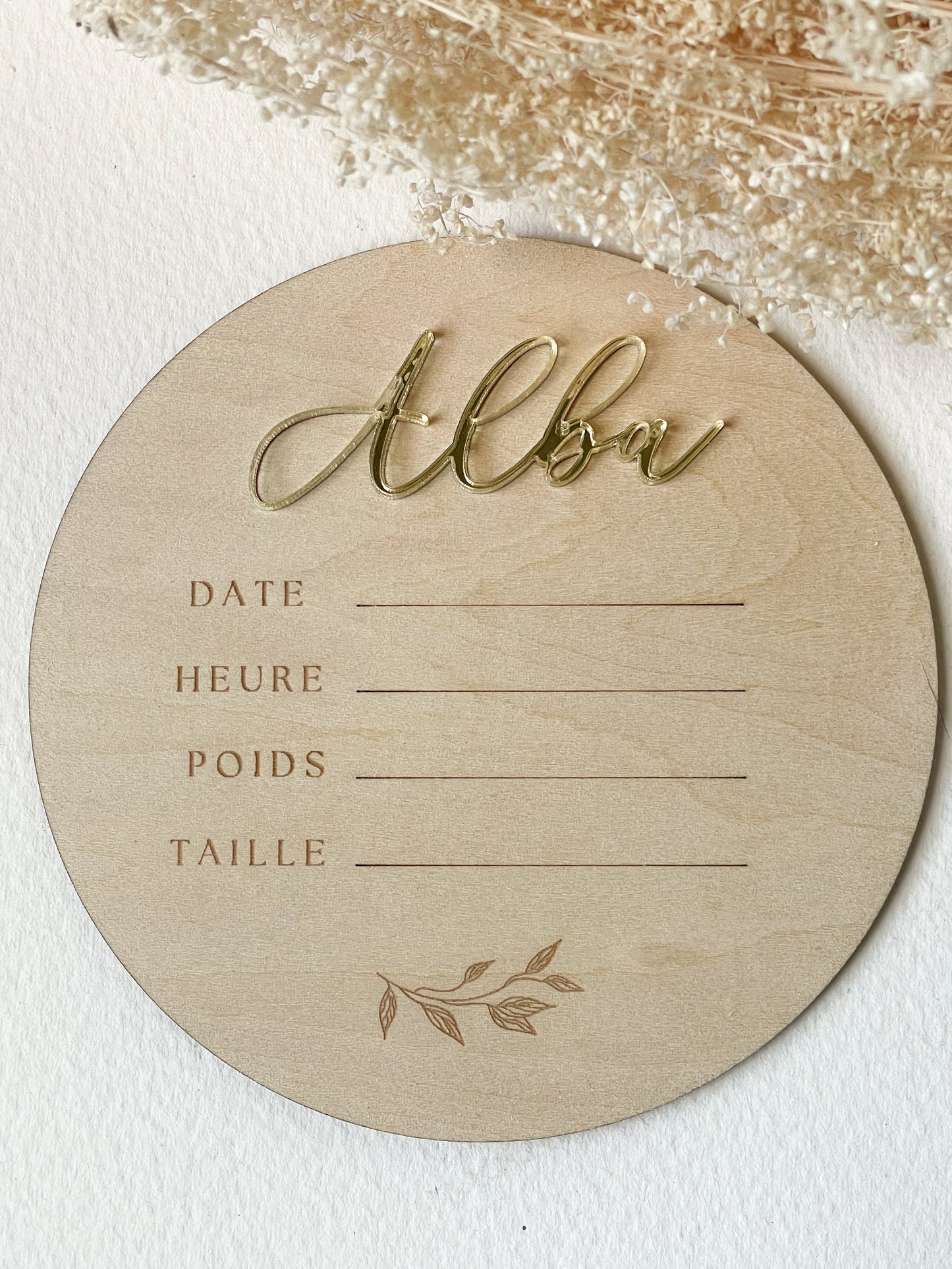 Carte de Naissance Personnalisée en Bois et Acrylique Doré